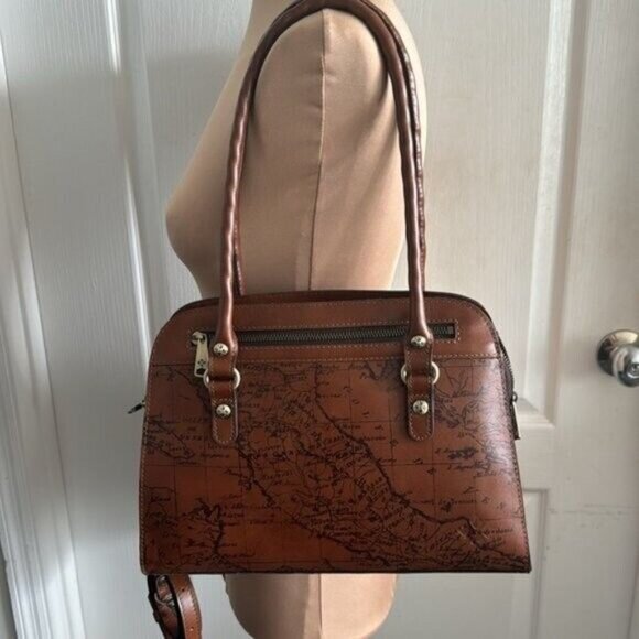 Patricia Nash Riot Rust Leather Calvi Satchel Crossbody Signature Map Brown - Picture 8 of 11